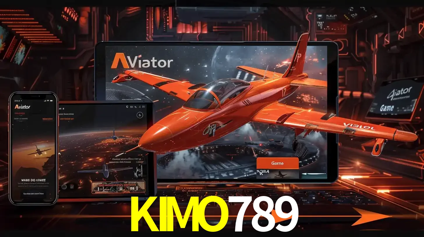 Apresentação tecnológica do jogo Aviator com um avião saindo da tela de um tablet, demonstrando a experiência imersiva em múltiplos dispositivos no KIMO789.