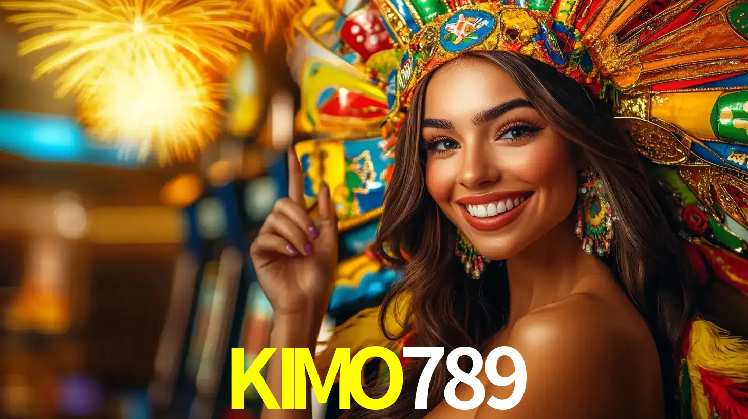 Mulher sorridente com um cocar de carnaval vibrante e colorido, celebrando uma grande vitória nos jogos do cassino KIMO789 com fogos de artifício ao fundo.