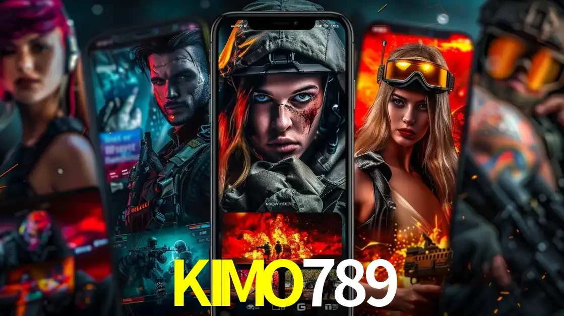 Montagem de telas de celular mostrando diversos personagens, masculinos e femininos, de um jogo de tiro, ilustrando a diversidade de equipes de e-sports para apostar no KIMO789.