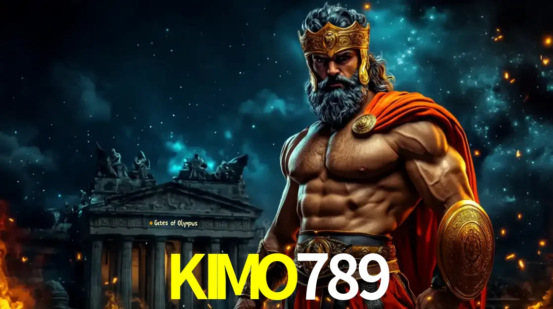 O poderoso Zeus do jogo de slot Gates of Olympus em frente ao seu templo, pronto para lançar multiplicadores divinos e prêmios épicos no cassino online KIMO789.
