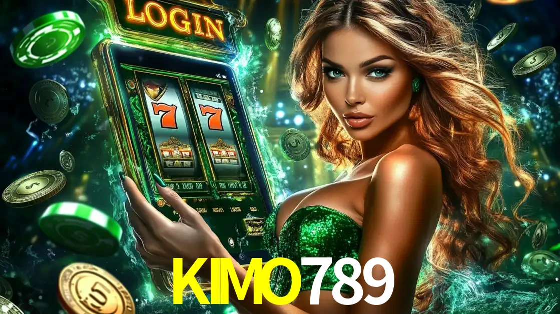 Mulher com tema verde apresentando o aplicativo do cassino KIMO789 com um jogo de slot de 777, cercada por fichas de cassino e uma aura de sorte.