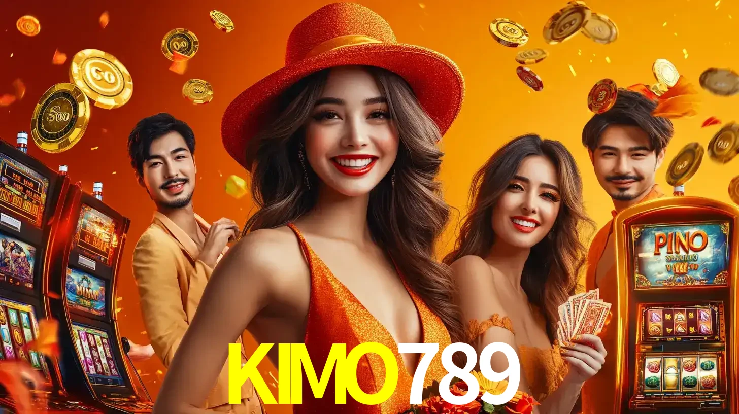 Grupo de amigos asiáticos sorrindo e se divertindo com máquinas de caça-níqueis em um ambiente festivo, celebrando suas vitórias nos jogos de cassino do KIMO789.