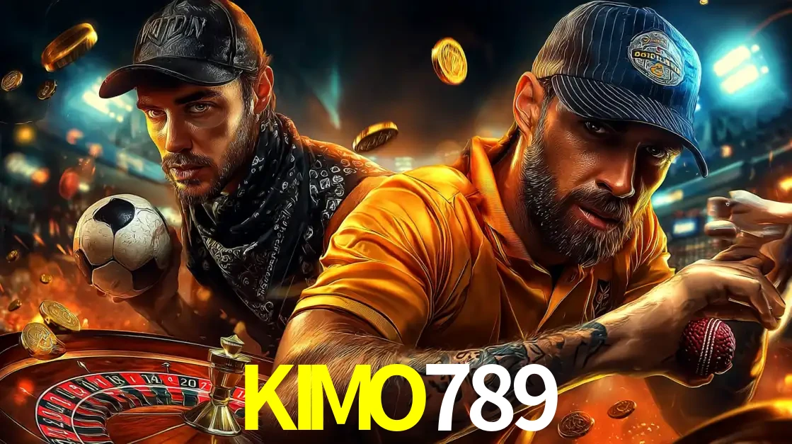 Montagem de apostas esportivas e cassino no KIMO789, com um homem segurando uma bola de futebol e outro uma de beisebol sobre uma roleta e moedas voadoras.