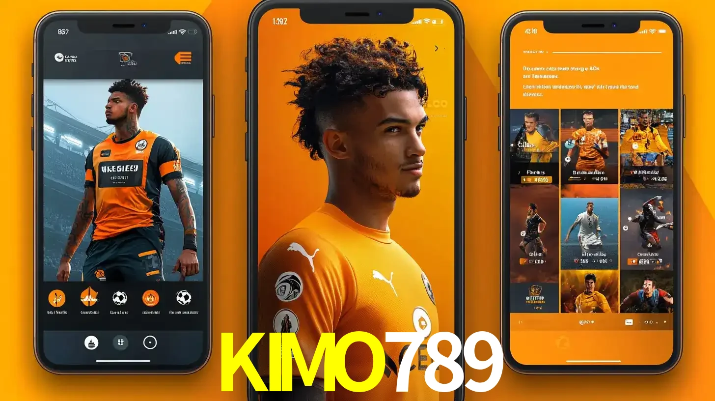 Interface do aplicativo de apostas esportivas KIMO789 em três telas de celular, mostrando o perfil de um jogador de futebol e a lista de jogos disponíveis para apostar.