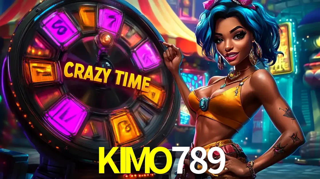 Mulher estilizada com cabelo azul e visual vibrante posando ao lado da roda de prêmios do game show Crazy Time, convidando para a diversão e os bônus do cassino KIMO789.