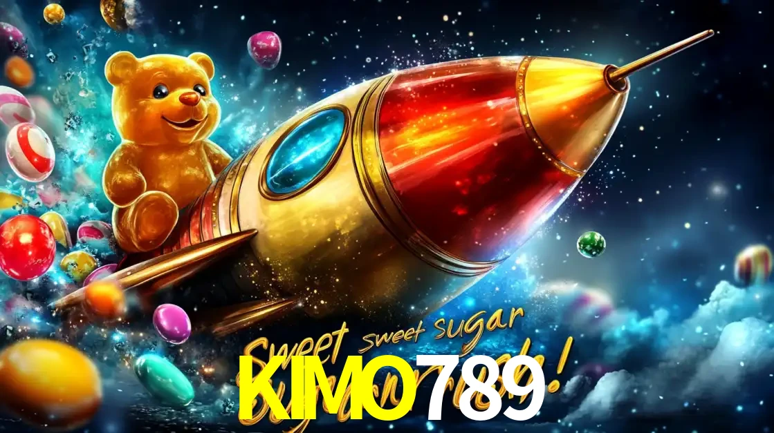 Arte promocional do jogo de slot Sugar Rush, com um urso de pelúcia em um foguete viajando pelo espaço de doces, um dos jogos divertidos disponíveis no cassino KIMO789.