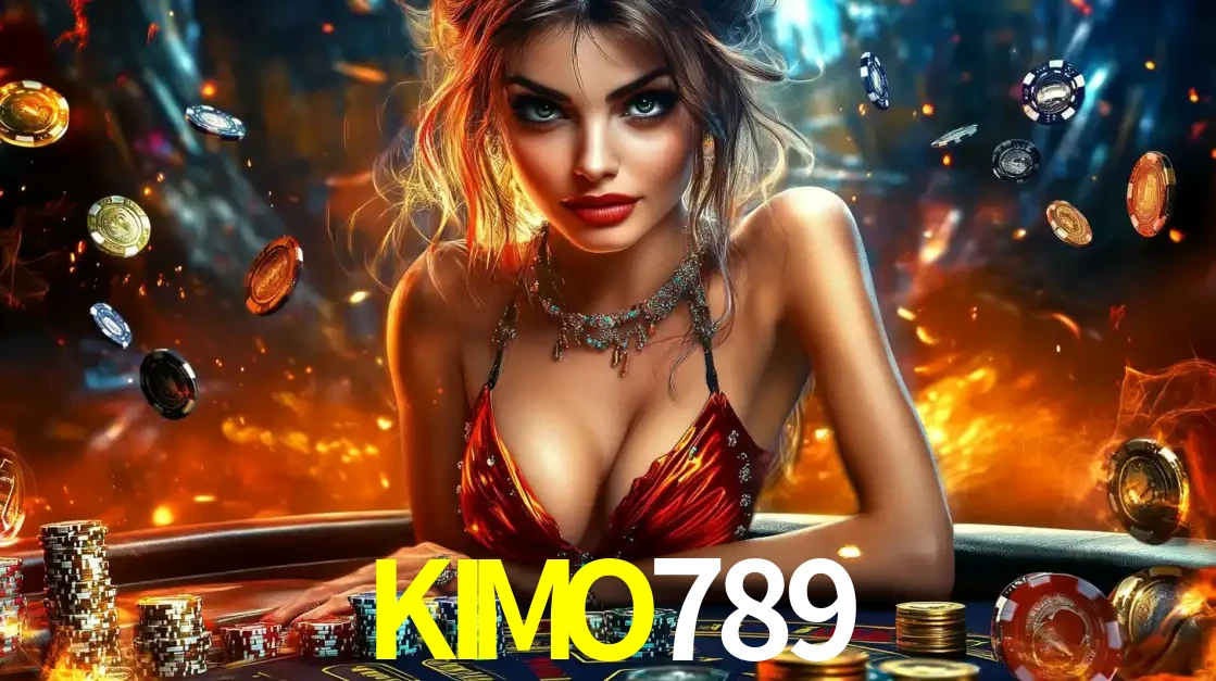 Mulher em uma mesa de cassino com pilhas de fichas e um fundo de fogo, pronta para uma rodada de altas apostas nos jogos de mesa emocionantes do cassino KIMO789.