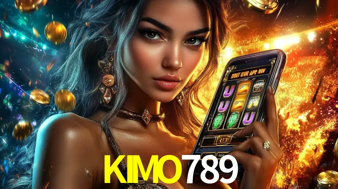 Mulher elegante mostrando um jogo de caça-níqueis em seu smartphone, destacando a experiência de cassino móvel oferecida pelo aplicativo KIMO789.