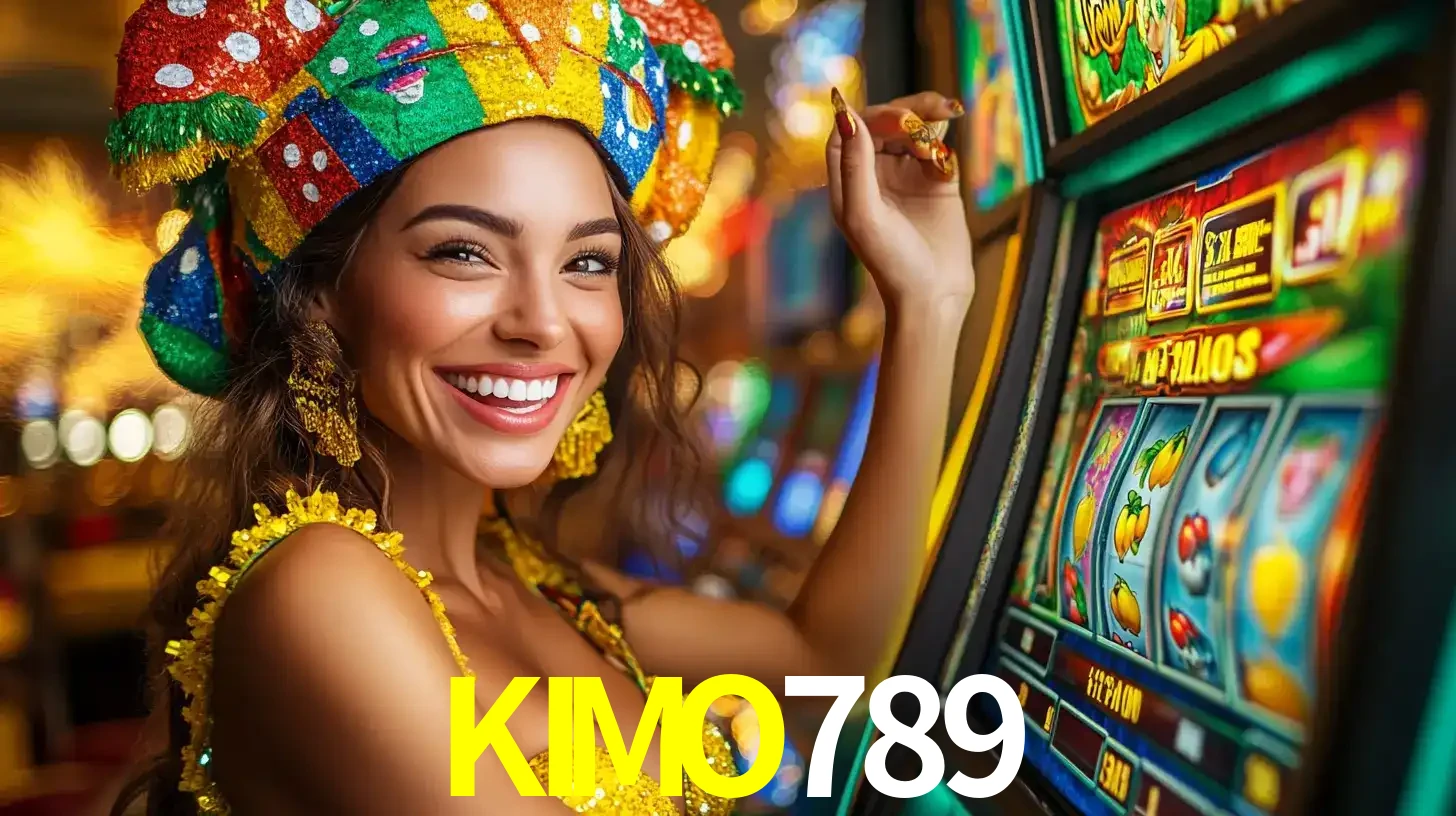 Mulher feliz com traje de carnaval amarelo e colorido ao lado de uma máquina de caça-níqueis, aproveitando a diversão e os jogos temáticos do cassino KIMO789.