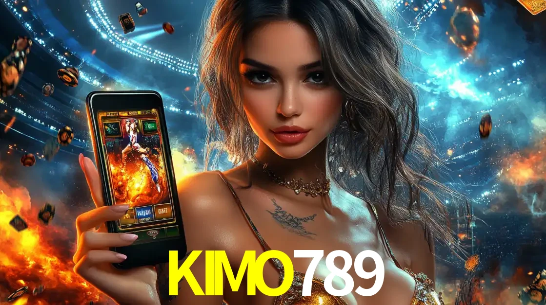 Mulher segurando um celular com um jogo de slot em destaque, tendo como fundo um estádio vibrante, simbolizando a emoção de jogar no cassino móvel KIMO789.