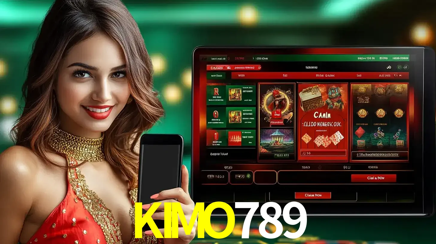 Mulher sorridente segurando um smartphone, ao lado de uma tela exibindo o lobby de jogos do cassino online KIMO789, com várias opções de jogos de cartas e slots.